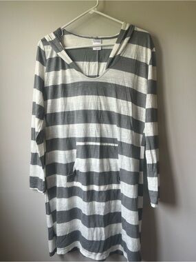Merona | Women’s Striped Bathing Suit coverup Tunic long sleeve hood size M